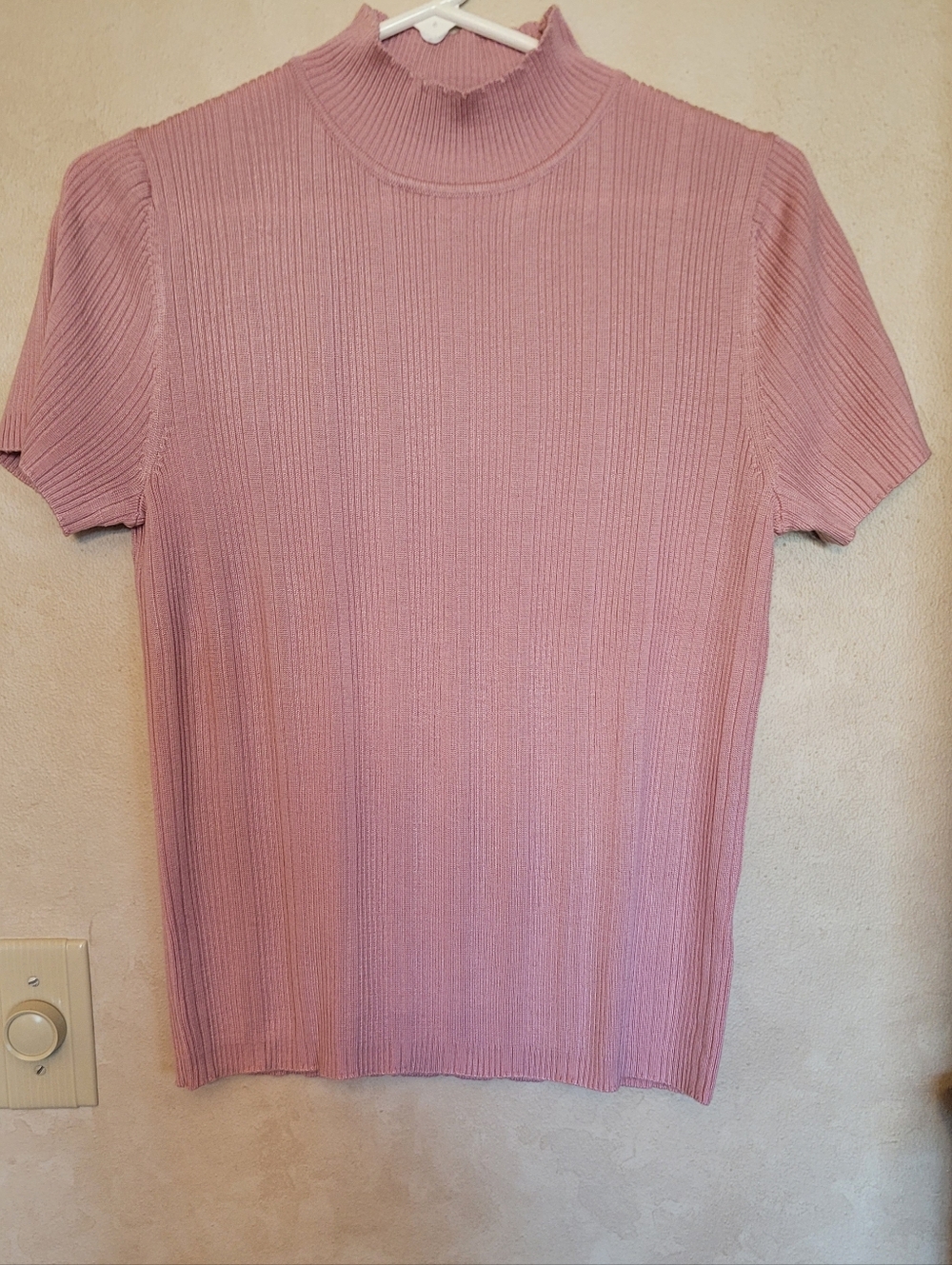 Dusty Pink Ribbed Knit, Short Sleeve Top With Edging Around Mock-neck